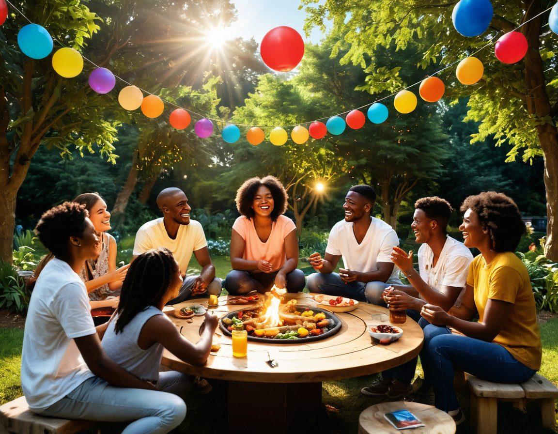 A group of diverse people joyfully sharing experiences in a vibrant outdoor setting, surrounded by nature and colorful decorations. They are engaging in activities like sharing food, playing games, and laughing together, with bright light creating a warm atmosphere. A symbolic representation of '360-degree sharing' such as circles or spheres encircling them. super-realistic. vibrant colors. warm tones.