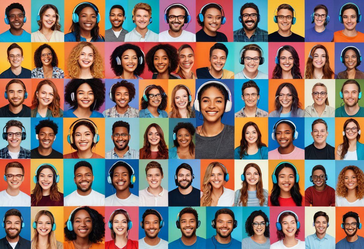 A vibrant collage representing diverse people connecting through multimedia: joyful faces with headphones, colorful screens displaying video calls, social media icons, and artistic representations of virtual sharing, set against a backdrop of warm, inviting colors. super-realistic. vibrant colors. dynamic composition.