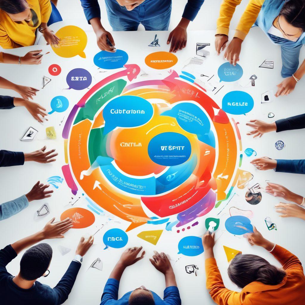A vibrant collage illustrating diverse people engaging with various forms of content like images, videos, and collaborative tools, surrounded by dynamic arrows symbolizing flow and interaction. Incorporate elements representing sharing and collaboration, such as speech bubbles, hands exchanging devices, and icons of popular platforms. The background should be bright and inviting, conveying a sense of community and creativity. super-realistic. vibrant colors. dynamic layout.